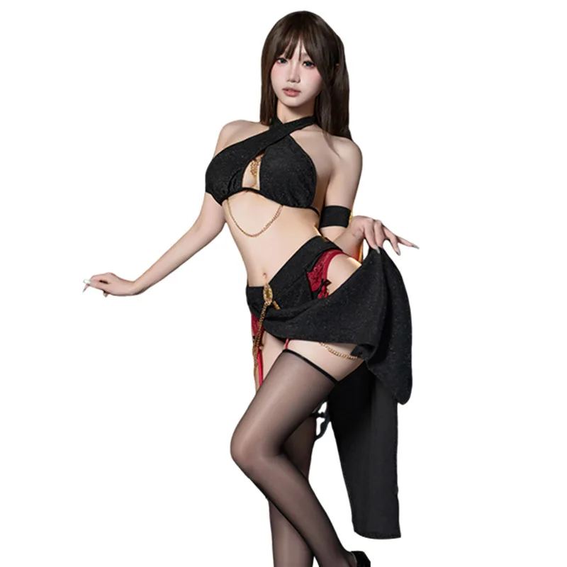 

Women Sexy Lingerie Egypt Cat Cosplay Costumes Black Shiny Halter Hollow Top with Dress Nightgowns Girl Role Play Erotic Costume
