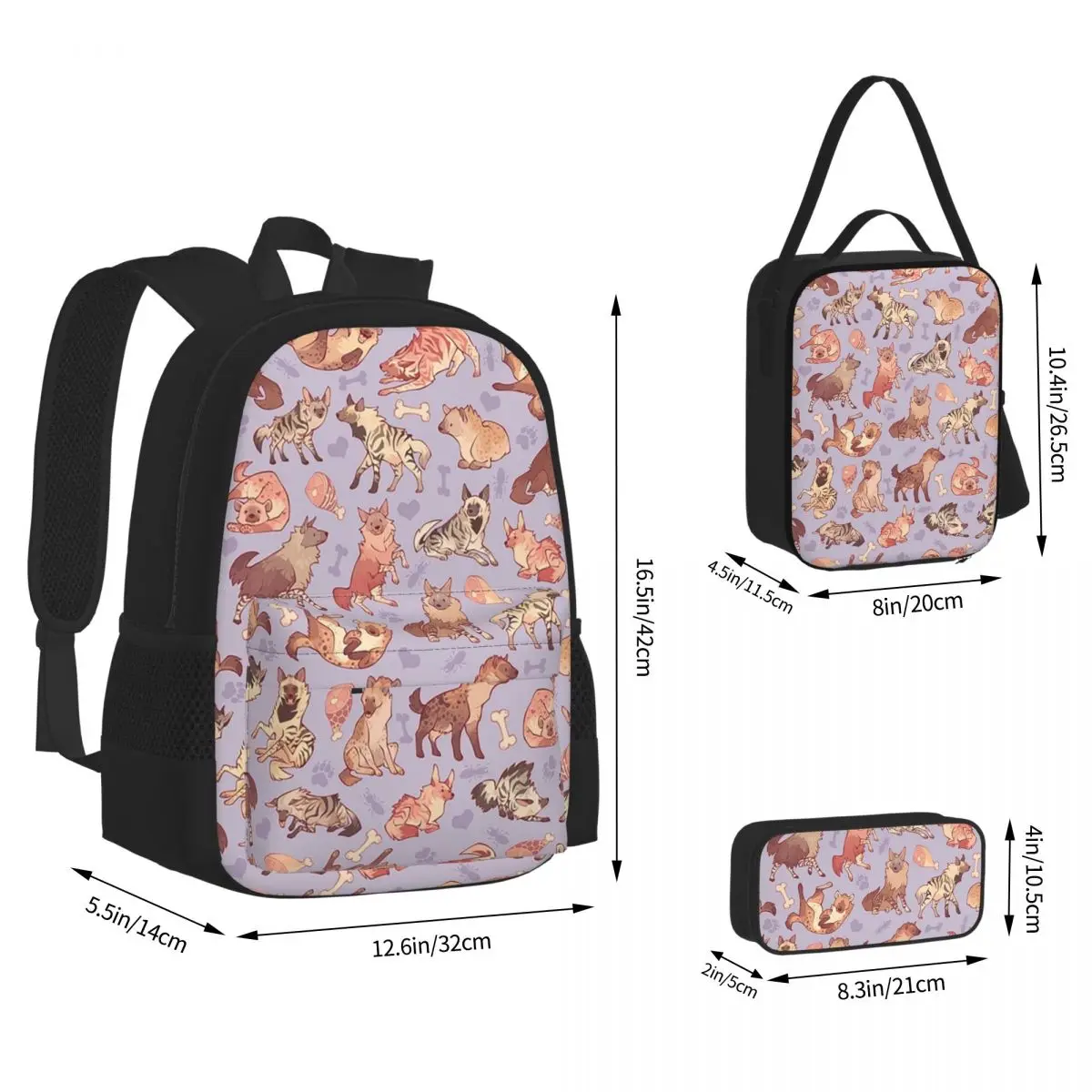 Hyenas In Lavende Backpacks Students Bookbag School Bags Kids Rucksack Lunch Bag Pen Bag Three-Piece Set