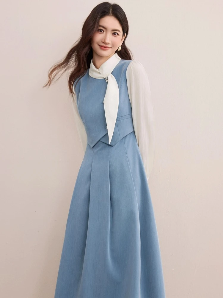 

SENTUBILA Women's Elegant Fake Two-piece Dress 2025 Commute Contrast Color Split Dress Waist-cinched Long-sleeve Dress 153LI2741