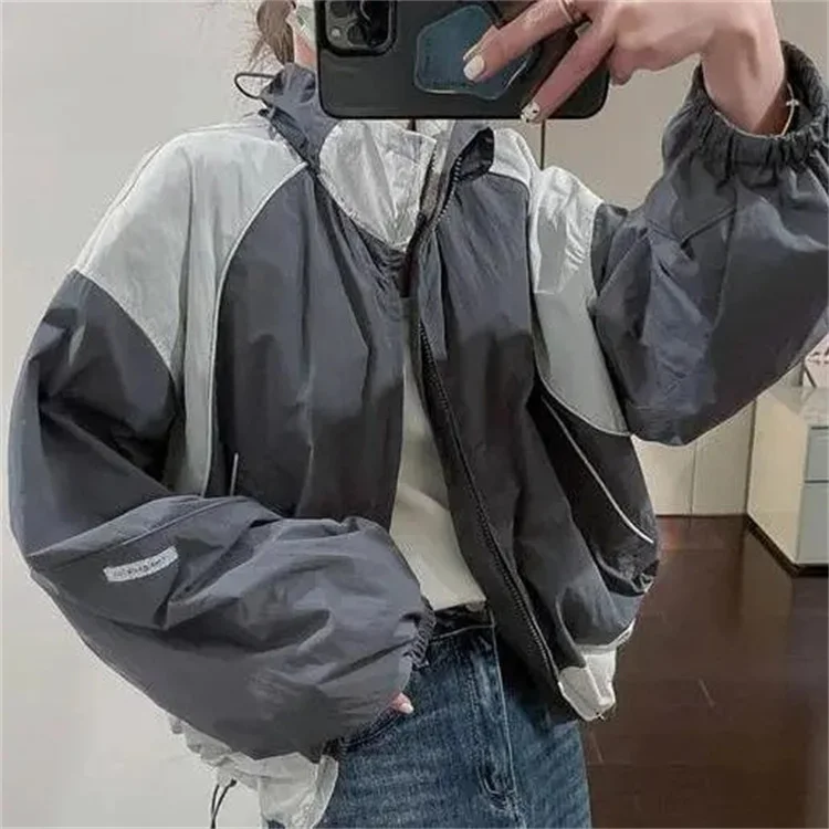 Kore kadın kırpılmış ceket boy Y2k Harajuku Zip Up rüzgarlık Patchwork hafif ceketler Streetwear bahar sonbahar yeni