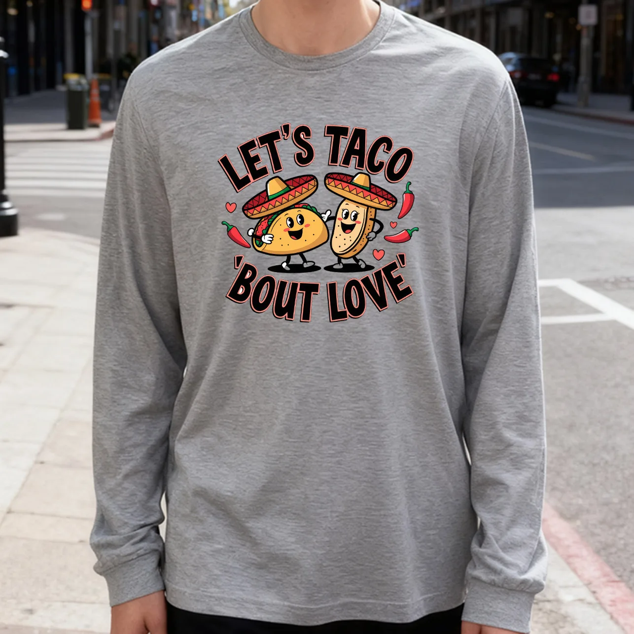 Taco Bout Men's Long Sleeve T-Shirt 180g 100% Cotton Printed Crew Neck Casual Daily Wear Soft and Breathable