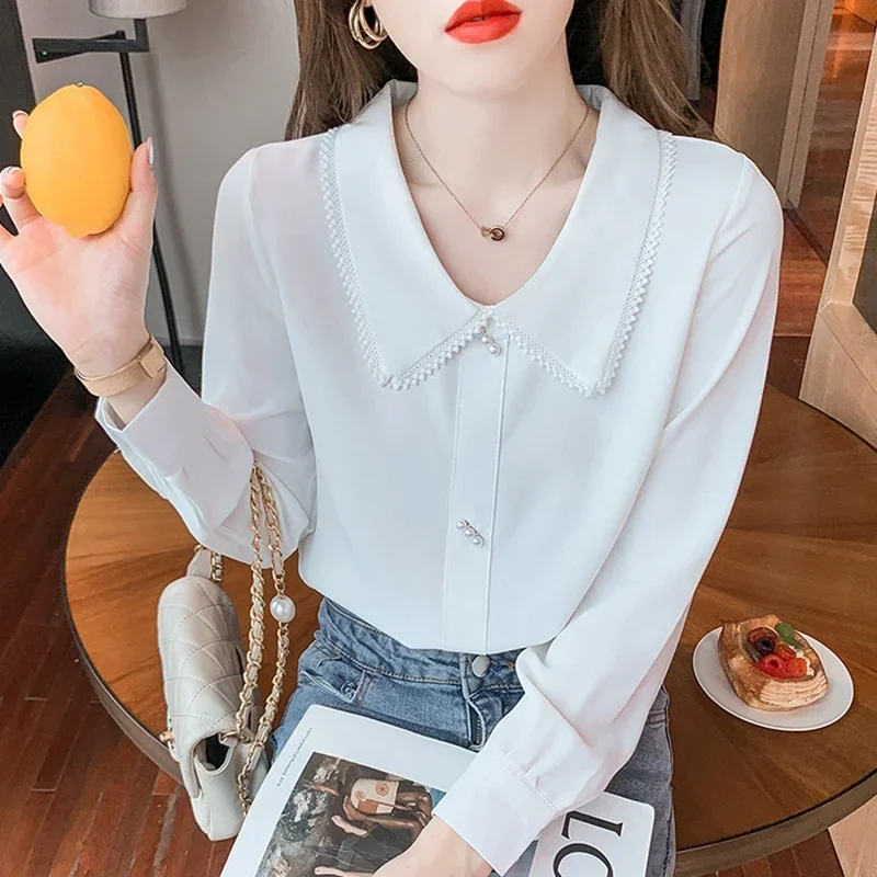 Casual Chiffon Shirts Women 2024 Elegant Korean Fashion Clothes Blusas Mujer Long Sleeve Office White Purple Ladies Tops Blouses