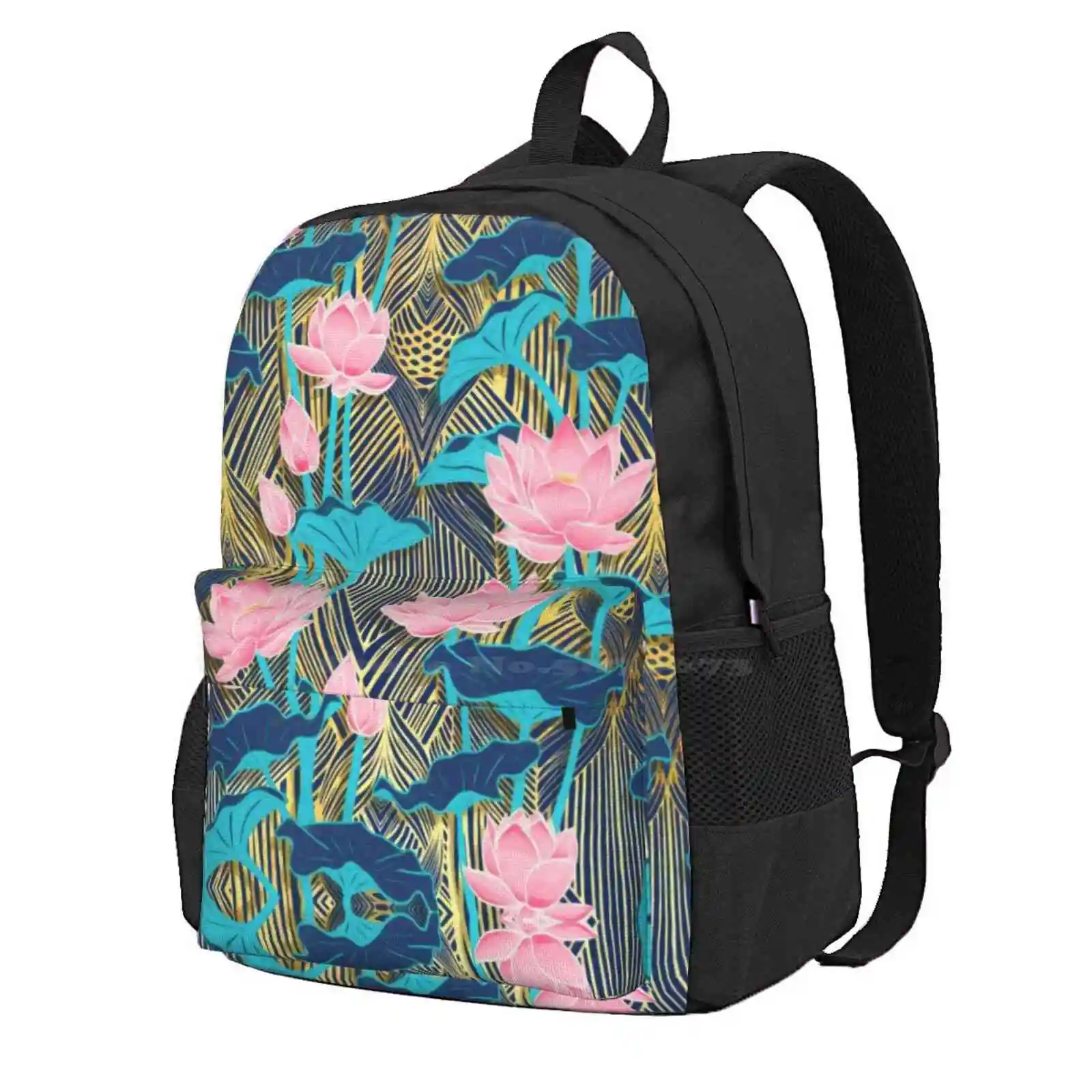 Art Deco Lotus Flowers In Pink & Navy Hot Sale Schoolbag Backpack Fashion Bags Lotus Flowers Nouveau Pink Navy Indigo Gold Lily