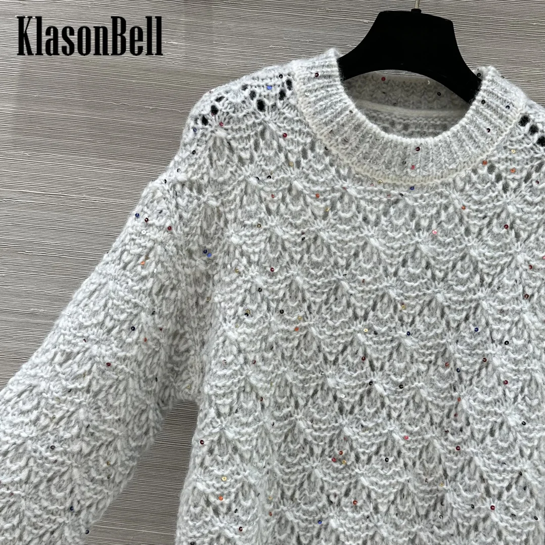 9.2 KlasonBell Women Fashion Bling Sequins Crochet Hollow Out Knitwear Argyle Plaid Jacquard Soft Wool Alpaca O-Neck Sweater