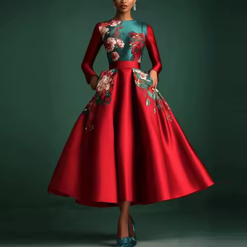 Plus Size Satin Chinese Style Women's Dress Crew Neck Floral Print Wedding Elegant Party Midi Dress Long Sleeve Evening Dresses