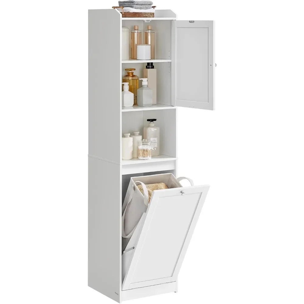 Tall Bathroom Cabinet with Laundry Basket, Removable Laundry Basket with Handles, Compartment with Door, Linen Tower