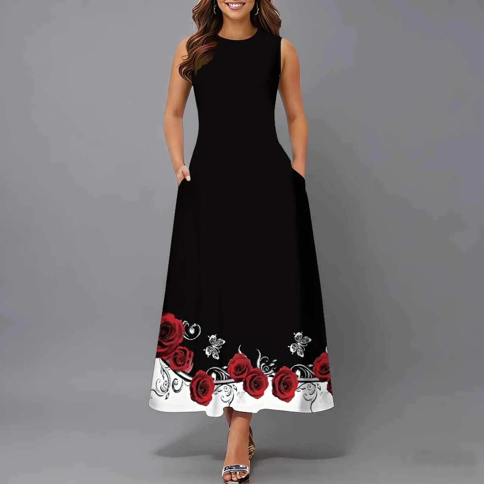 Women Sleeveless Long Maxi Dress With Pockets 3D Oil Painting Print Casual Loose Summer Vacation Party Sundress