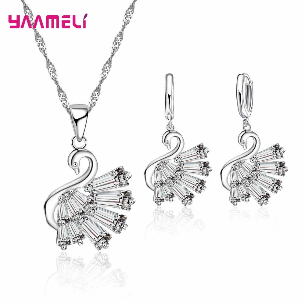 Shiny Crystal Zircon 925 Silver Different Style Pendant Necklace Earring Jewelry Set Noble Fashion Elegant for Women Girl Gift