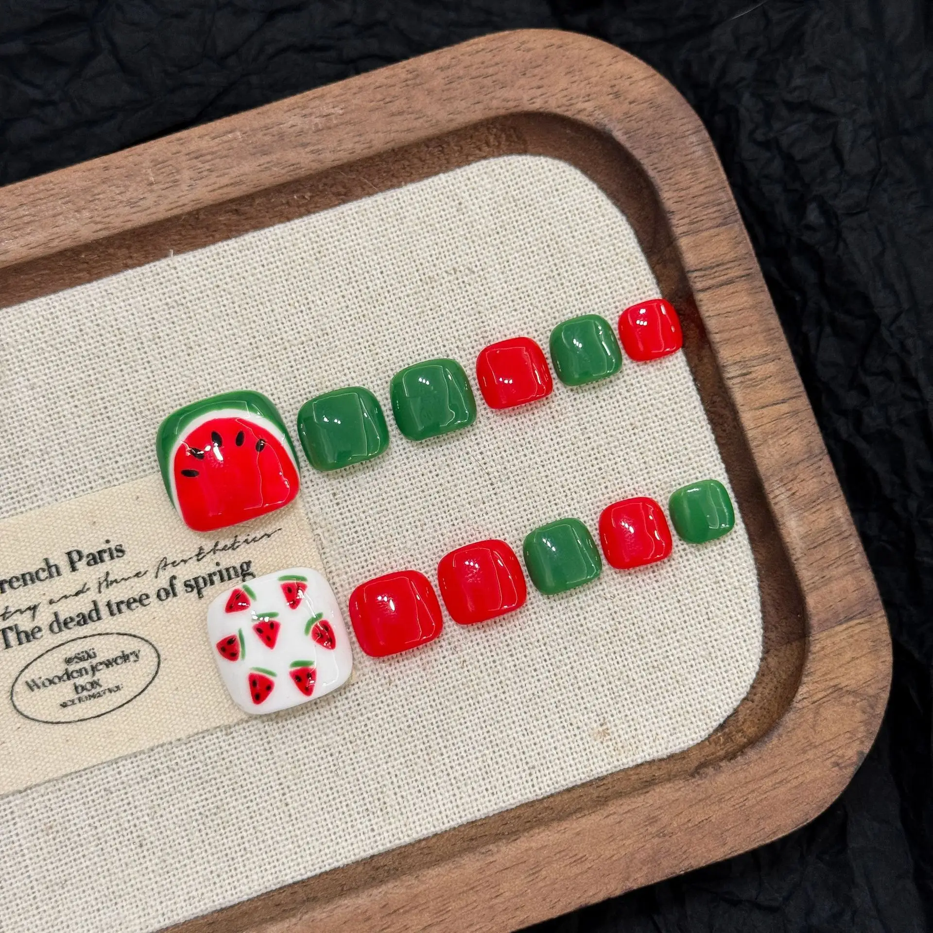 

10 PCS Luxury Handmade Press on Nails Short square Watermelon Design with 3-PIECE Tool Adhesive Nail Glue Tabs
