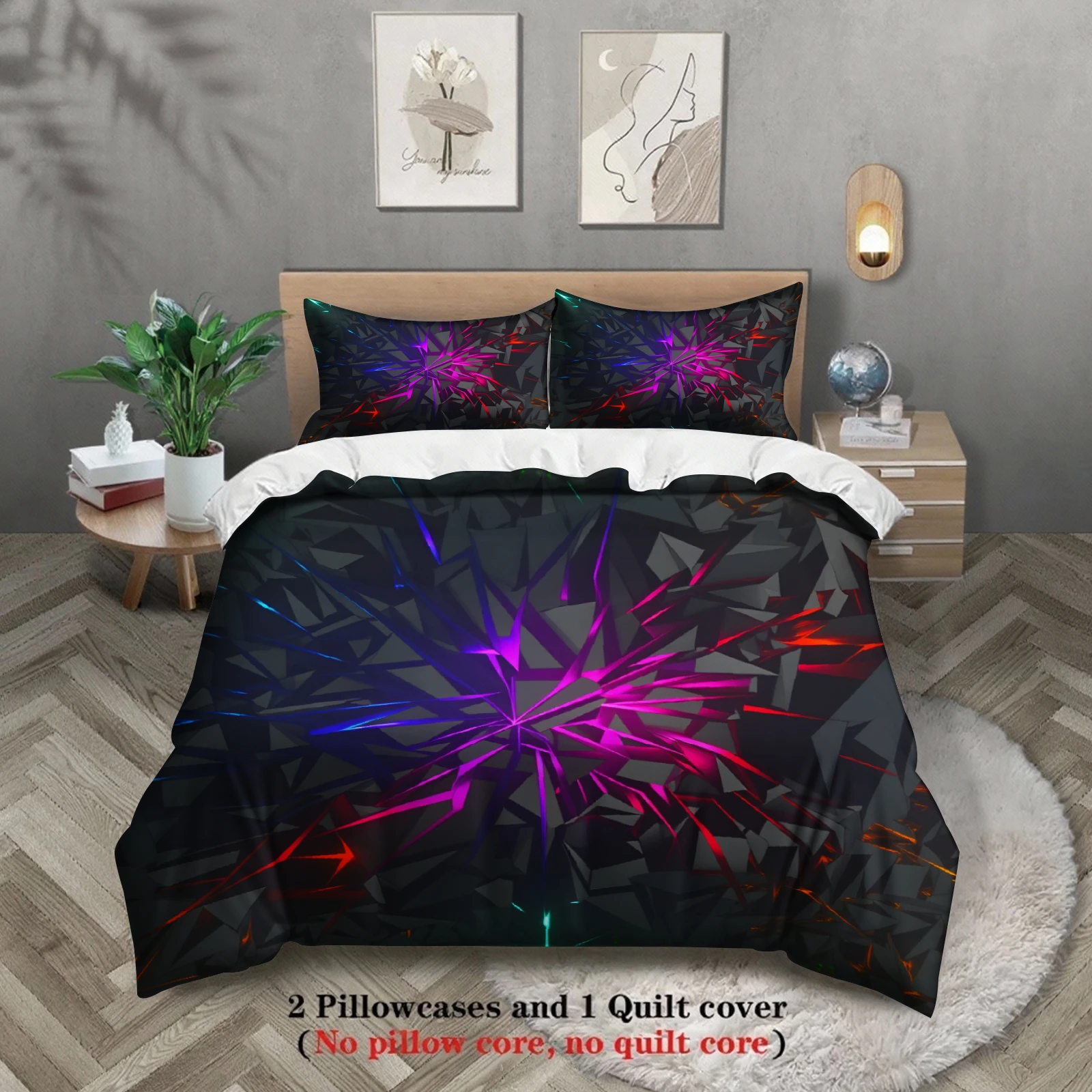 

Комплект постельного белья из 3 предметов: 3D-принт «Готический череп с фиолетовыми розами», пододеяльник и наволочки (без наполнителя), эффектный дизайн