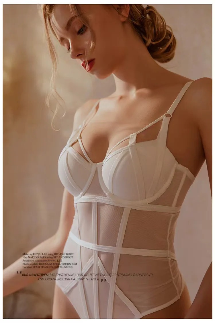 Body de corsé sexy ajustado para mujer, sin mangas, de gasa, con entrepierna abierta, mono corto, lencería de moda, camisola, romper liso