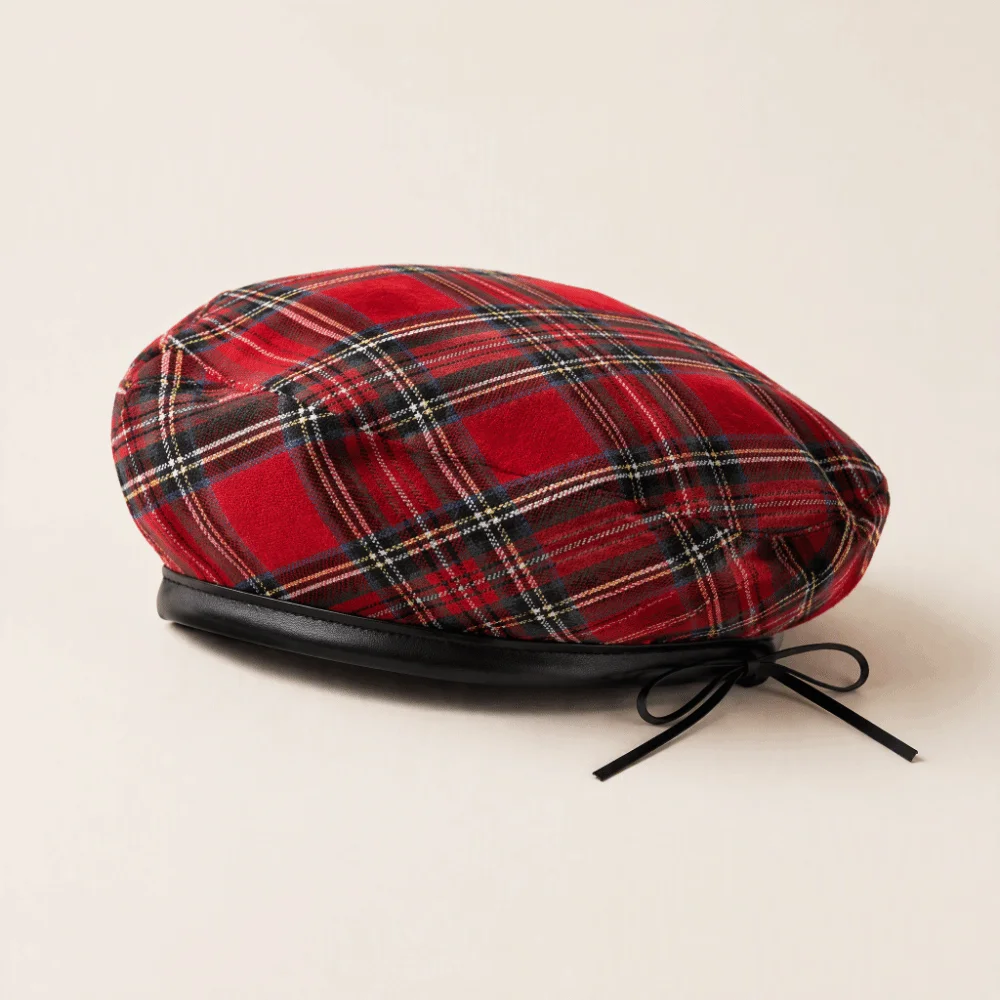 Cute British Style Tartan Plaid Beret Drawstring Y2K Painter Hat PU Leather Trim Korean Newsboy Cap Ladies