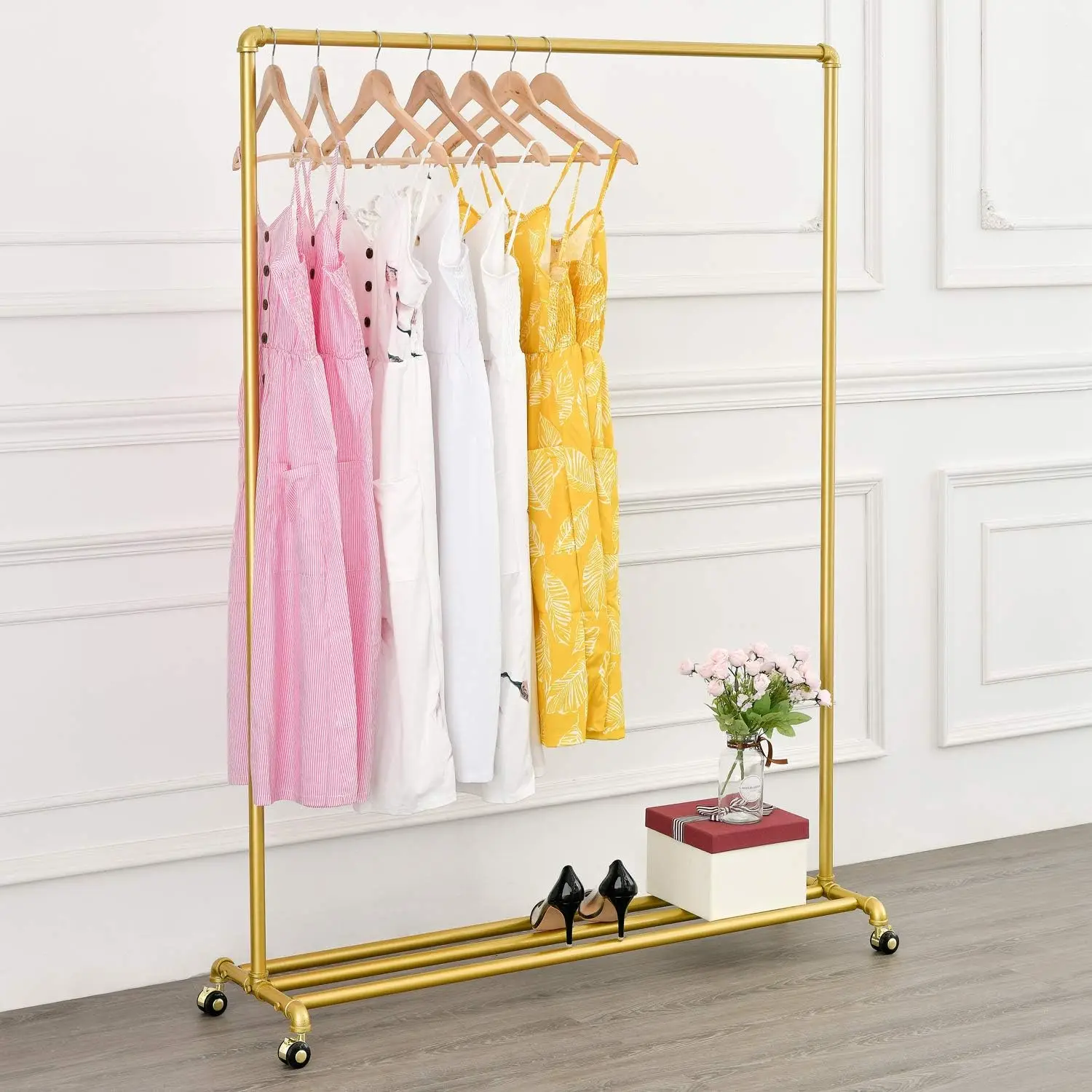 Rolling Gold Clothing Racks on Wheels,Retail Display Industrial Pipe Clothing Racks for Hanging Garment Racks for Boutiques,Home
