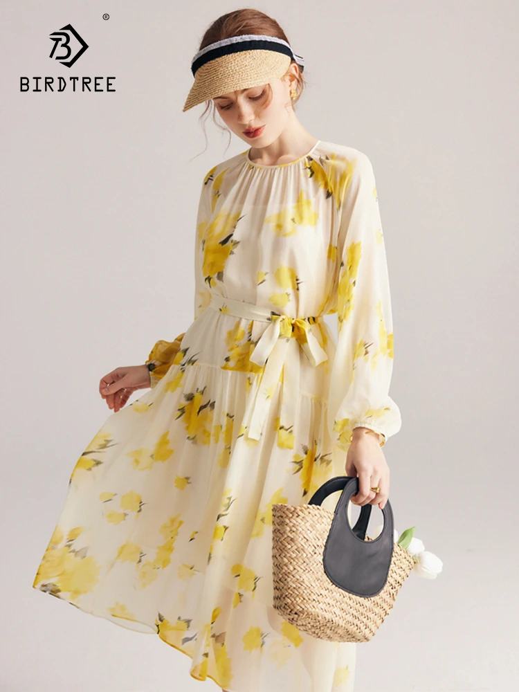 Birdtree 100%Mulberry Silk Long Sleeved Dress Women Spring/Summer 2023 New Slightly Transparent French Fairy Dresses D37523QC