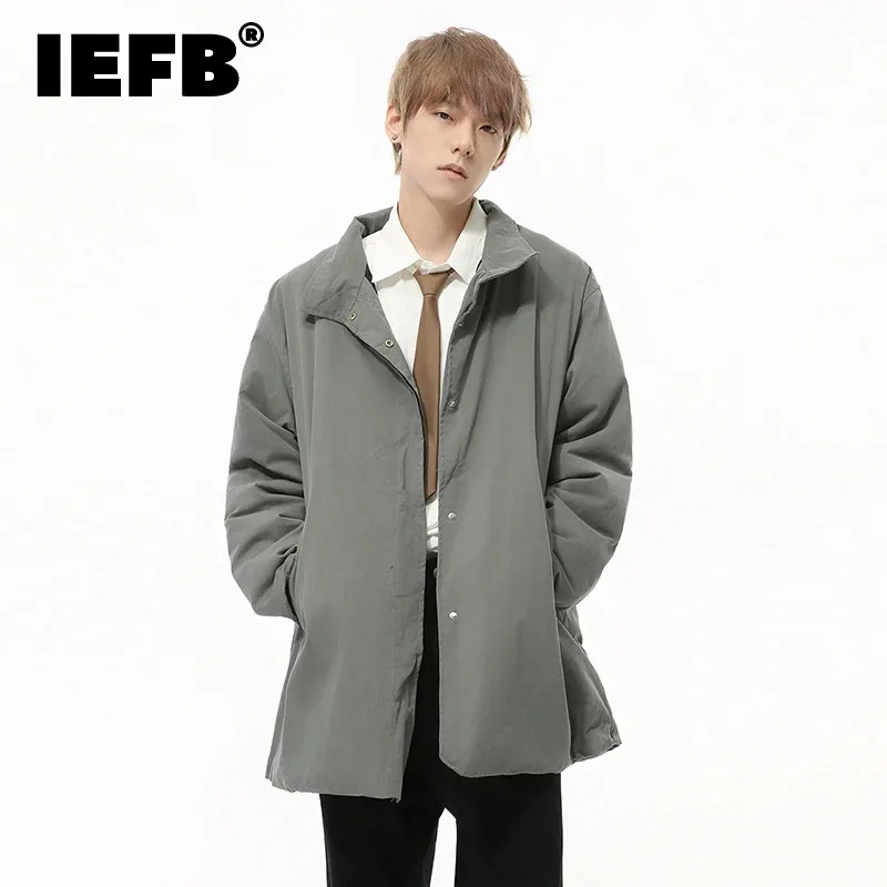 IEFB jaket empuk pria warna polos kasual kerah berdiri gaya Korea kancing sebaris mantel katun pria longgar tebal mantel katun Chic 9C8485