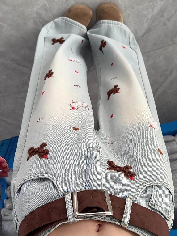 

Американские джинсы American Sle светло-голубого цвета с вышивкой в виде собачек, женские, осенне-зимние, свободные, прямые, широкие брюки