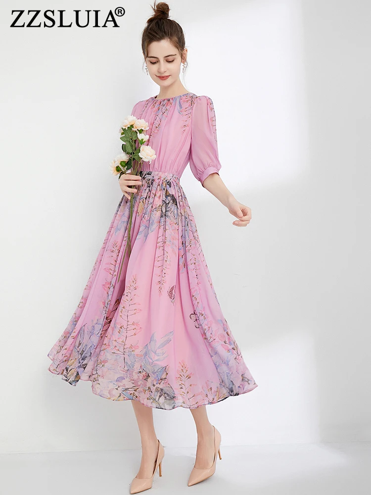 

ZZSLUIA Elegant Dresses For Women Printed Designer Slim Midi Dress Fashion Lantern Sleeve Vintage Dresses Female Clothing