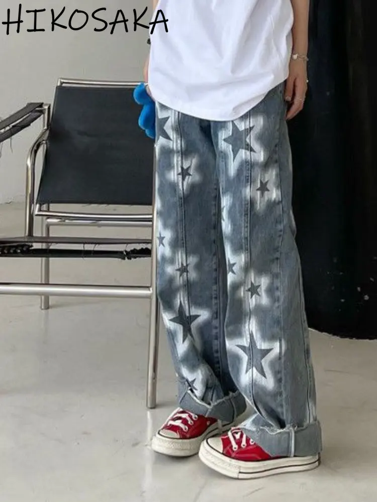 여성용 펑크 스타 프린트 빈티지 헐렁한 청바지, 하이 웨이스트, 루즈 패션, 힙합 스트레이트 바지, 2024 용수철 캐주얼 바지, Y2k