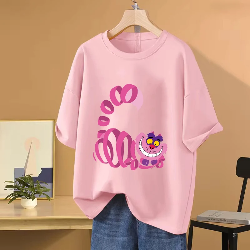 Cheshire cat-Alice in Wonderland Cartoon Anime Women T-shirt Summer Short Sleeve Men Tee Shirts 100% Cotton Couple Clothes Tops