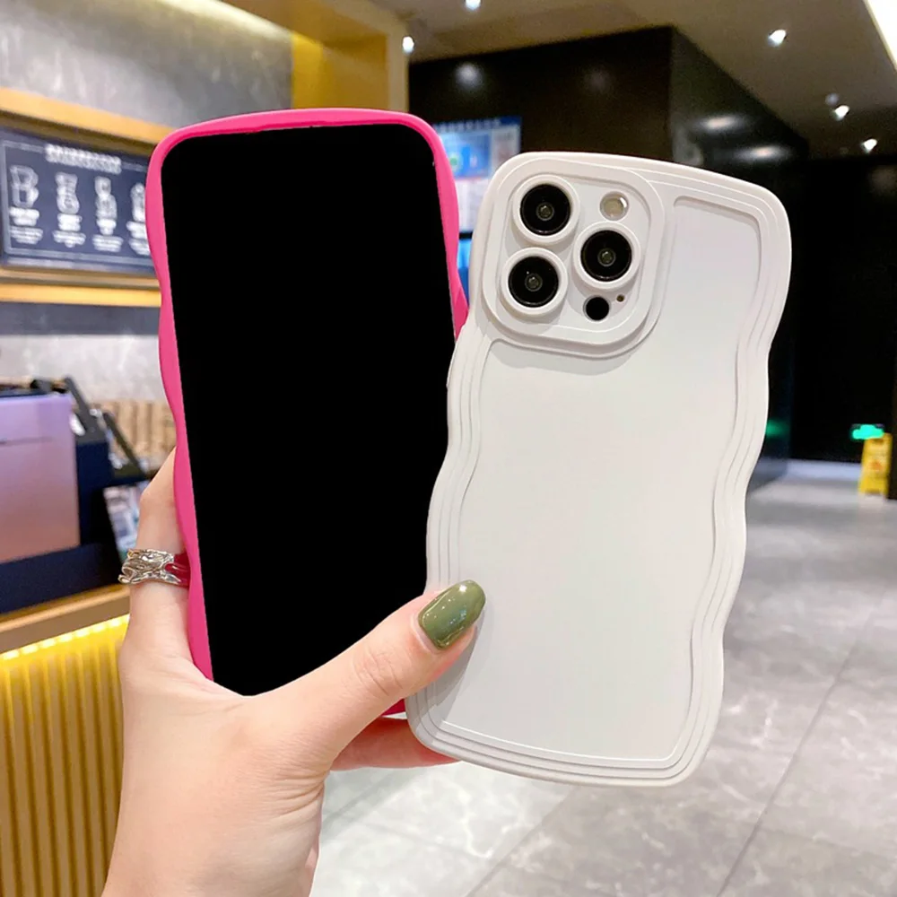 Cute Curly Wave Frame Silicone Phone Case For iPhone 11 12 13 14 15 Pro Max Matte Solid Color Shockproof Protection Back Cover image 2