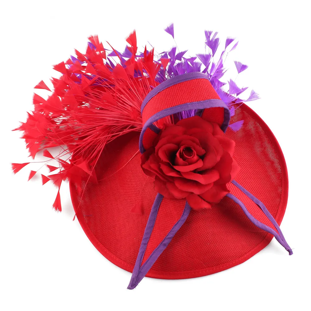 Elegant Purple And Red Feather Fascinator Wedding Bridal HairClip Hat For Party Cocktail Headpiece Lady Floral Pattern HeadWear