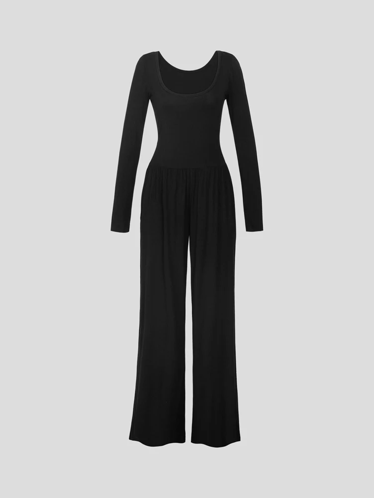 القادمون الجدد في الخريف: بذلة نسائية سوداء بأكمام طويلة ورقبة مربعة كاجوال بأكمام طويلة مريحة واسعة الساق