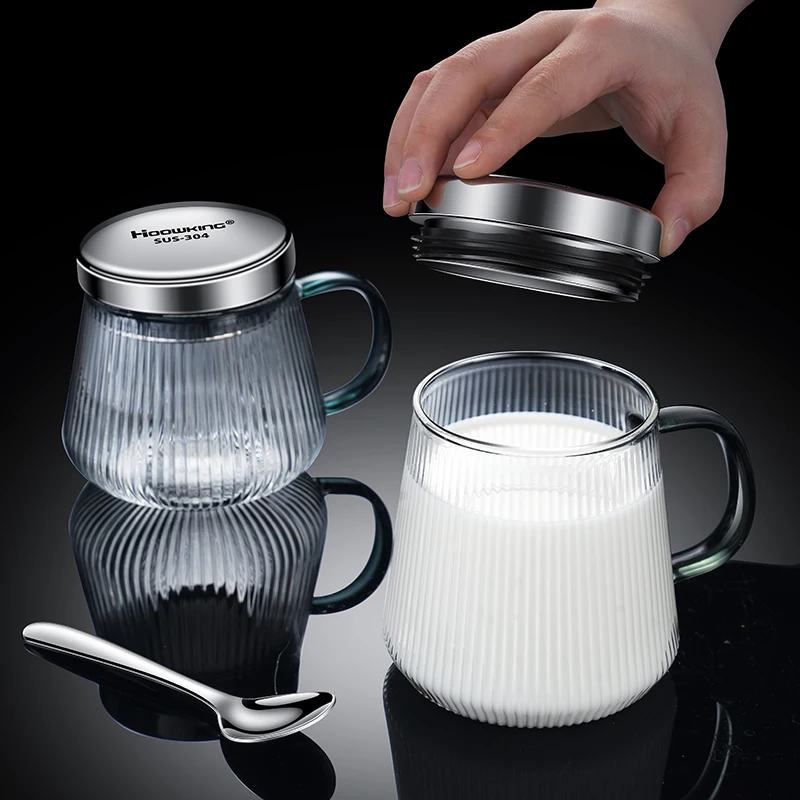 Glass cup milk cup oatmeal breakfast cup microwave heated coffee cup household tea cup with lid thickened water cup mug