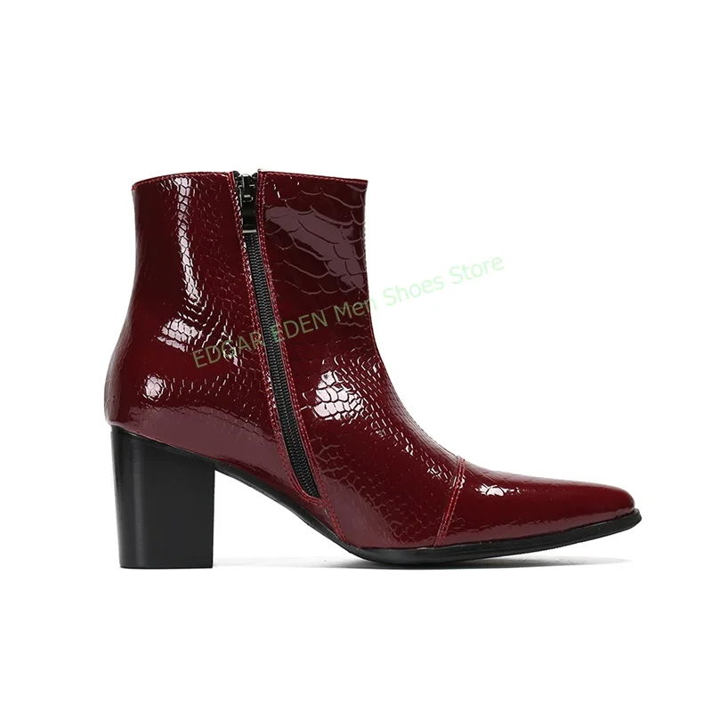 Fashion Snakeskin Pointed Toe Men Leather Ankle Boots Side Zipper Spring Autumn Male Wine Red Black Office Dress Formal Shoes