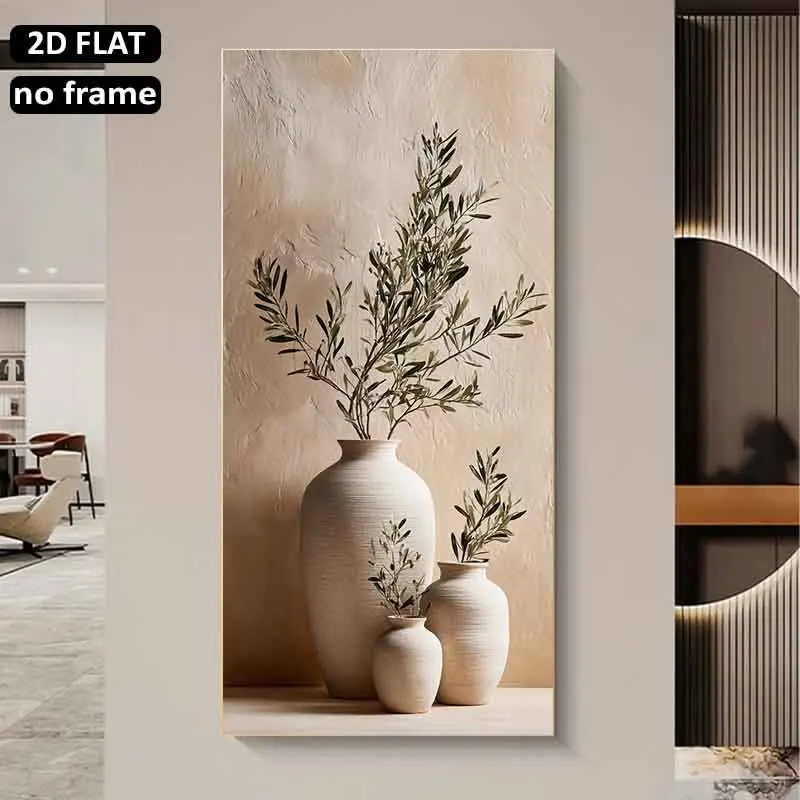 [2D Плоская] 1 шт. 60x120 см (23.6x47.2 дюйма) Картина без рамы для современного декора: Оливковые ветви в керамических вазах