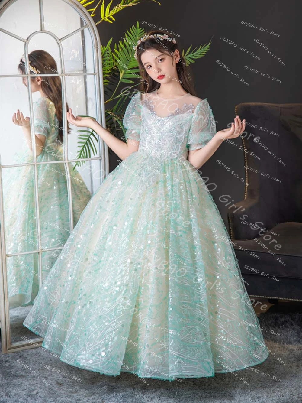 Elegant Short Sleeve Pageant Dress Kids Sparkly Sequined Lace Flower Girl Dress for Wedding Party Custom Made Princess Gown Long