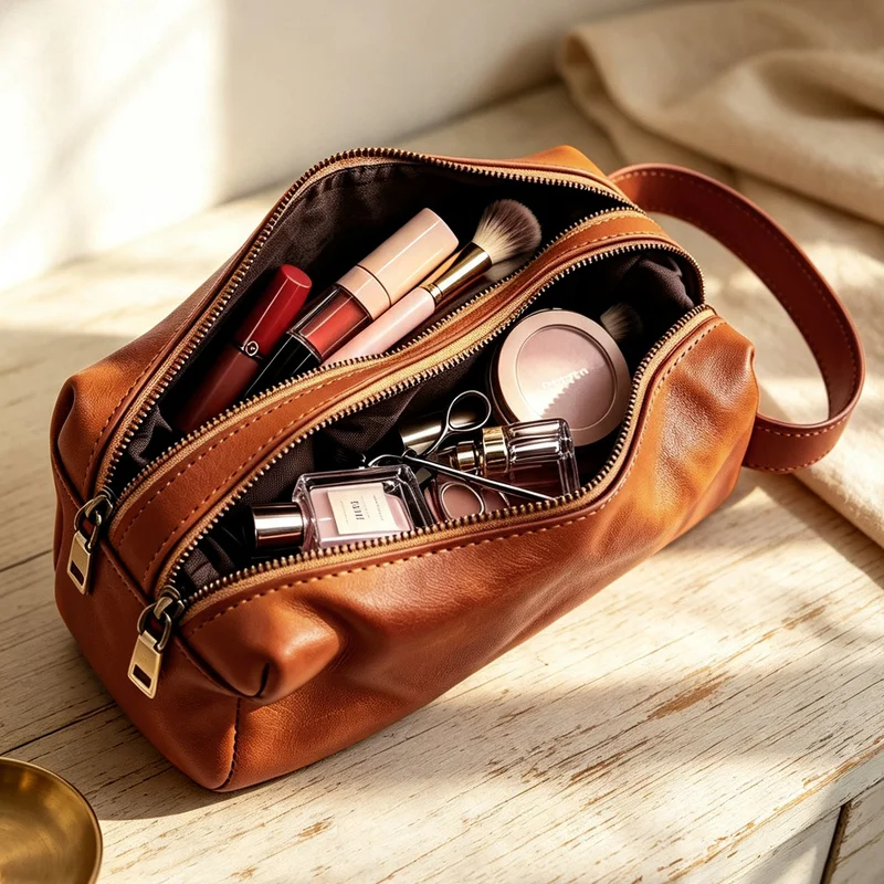 Genuine Leather Pencil Pack Vintage Double Layer Design Zipper Pen Case Cowhide Clutch Bag Large Capacity Storage Pouch