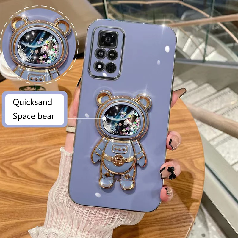 Quicksand Space Bear Holder Plating Phone Case For OPPO Reno 8 Reno8 2 3 4 5 6 7 6Z Find X3 X5 Lite X2 Neo F19 Pro Plus Cover