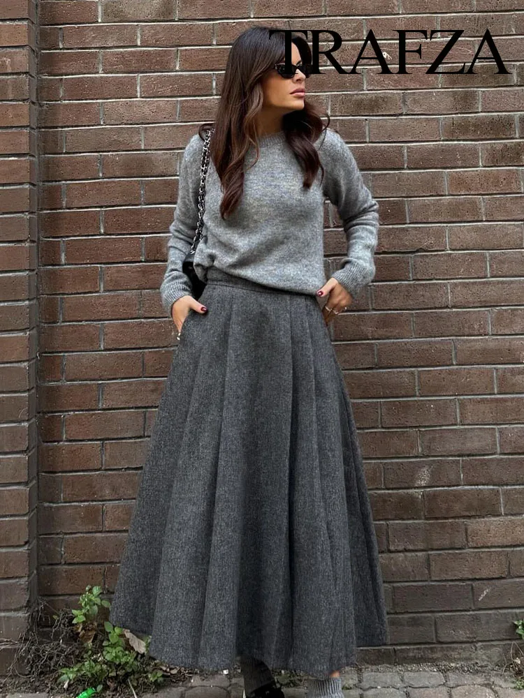 TRAFZA Women Fashion Spring Vintage Grey Pleated Long Skirt Female Chic Zipper High Waist Elegant A Line Skirts Streetwear