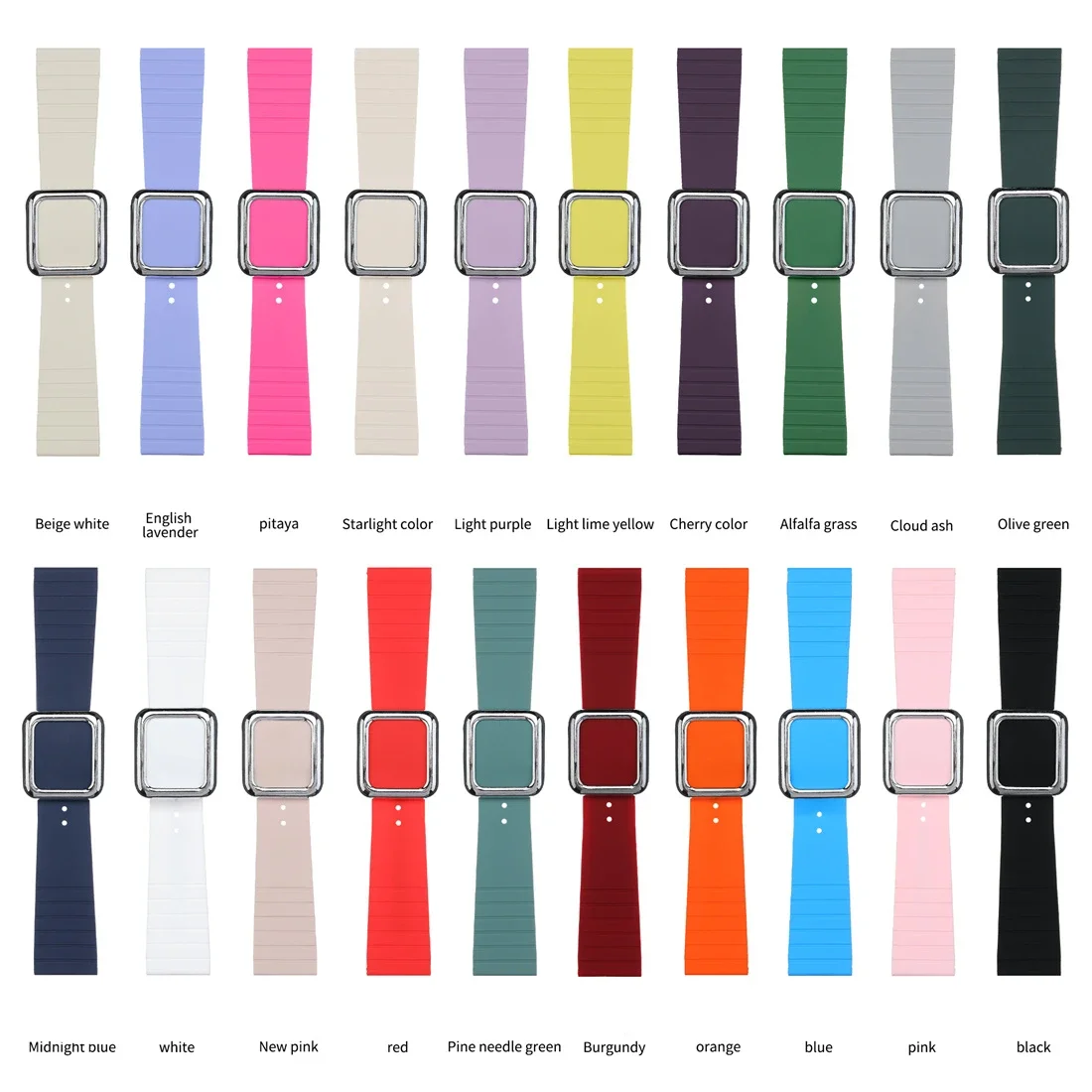 

Magnetic Silver Buckle Silicone Watch Band Strap for Apple Watch 9 8 7 6 5 4 Rubber Loop Strap for iWatch 40 41 42 44 45 49mm