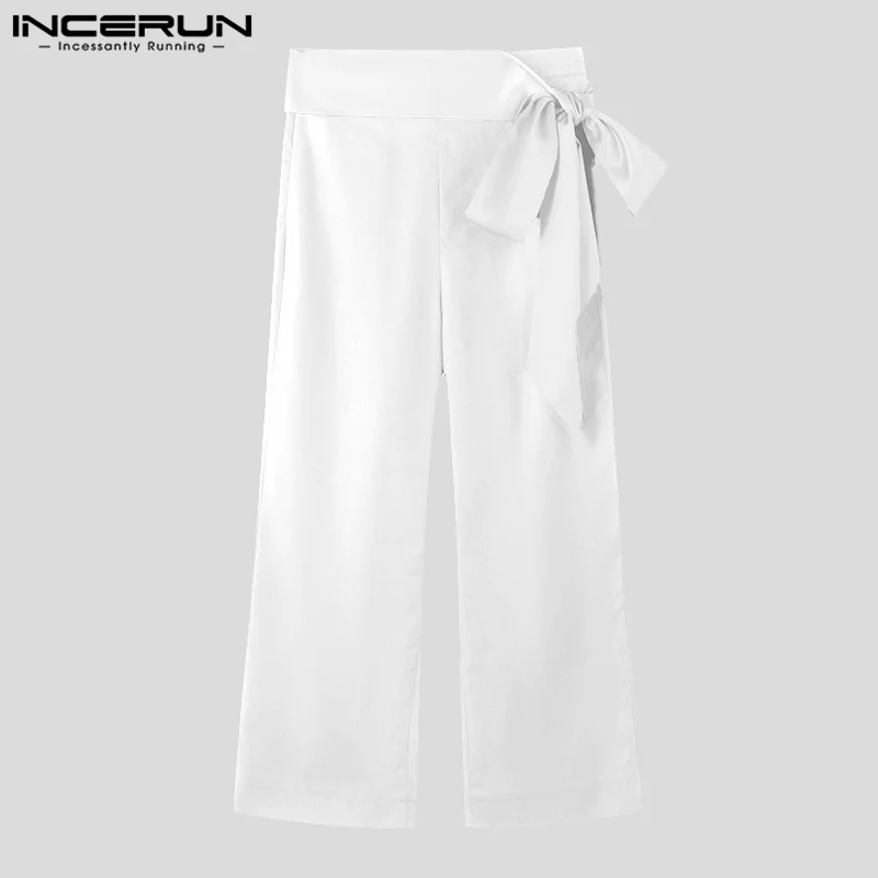 INCERUN American Style Stylish Pants Men's Personality Bow Decoration Trousers Casual Clubwear Male Solid Straight Leg Pantalons