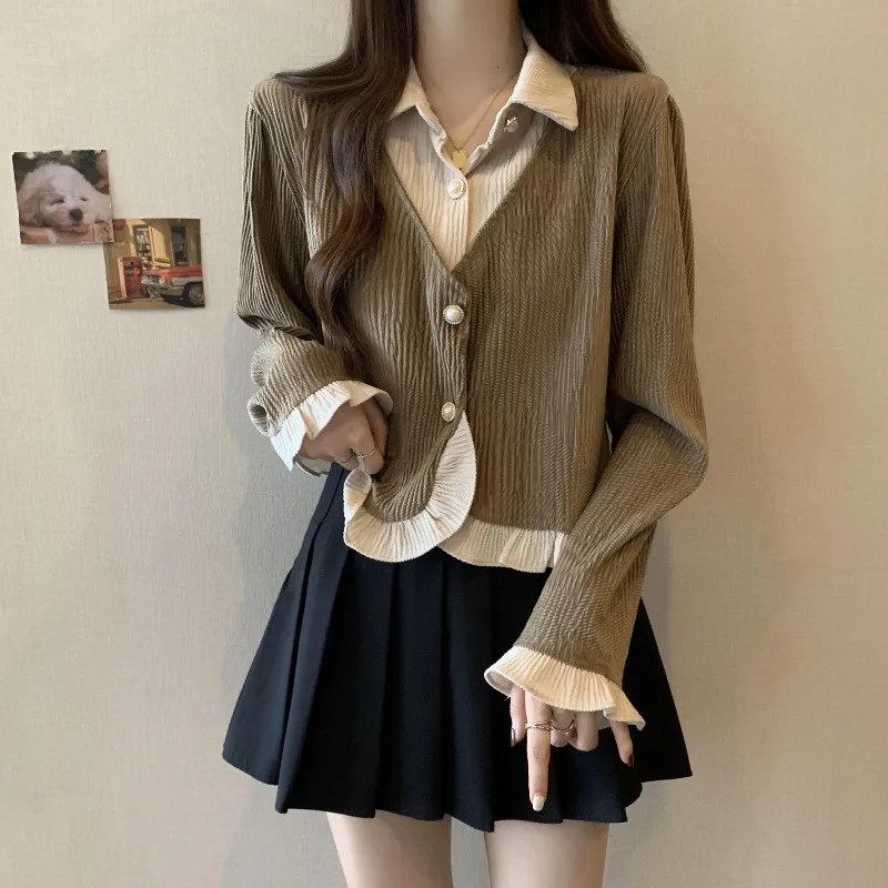 

Вельветовый женский топ, высокий, с длинным рукавом, эстетичная элегантная шикарная уличная одежда, распродажа, рубашки и блузки для женщин на пуговицах