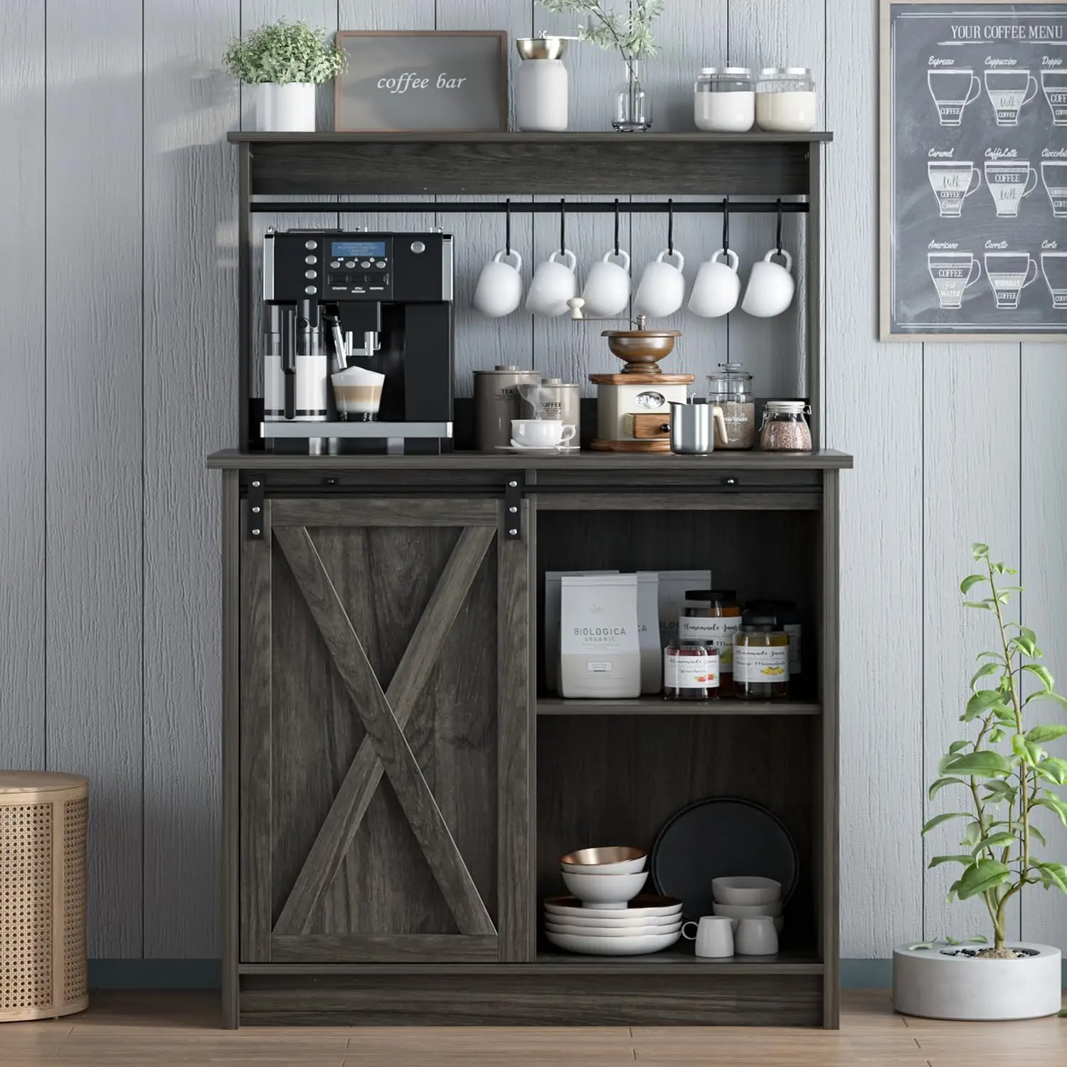 Farmhouse Coffee Bar Cabinet with Storage, Gray Coffee Bar with 6 Hooks, Coffee Bar Table with Sliding Barn Door, Wine Bar