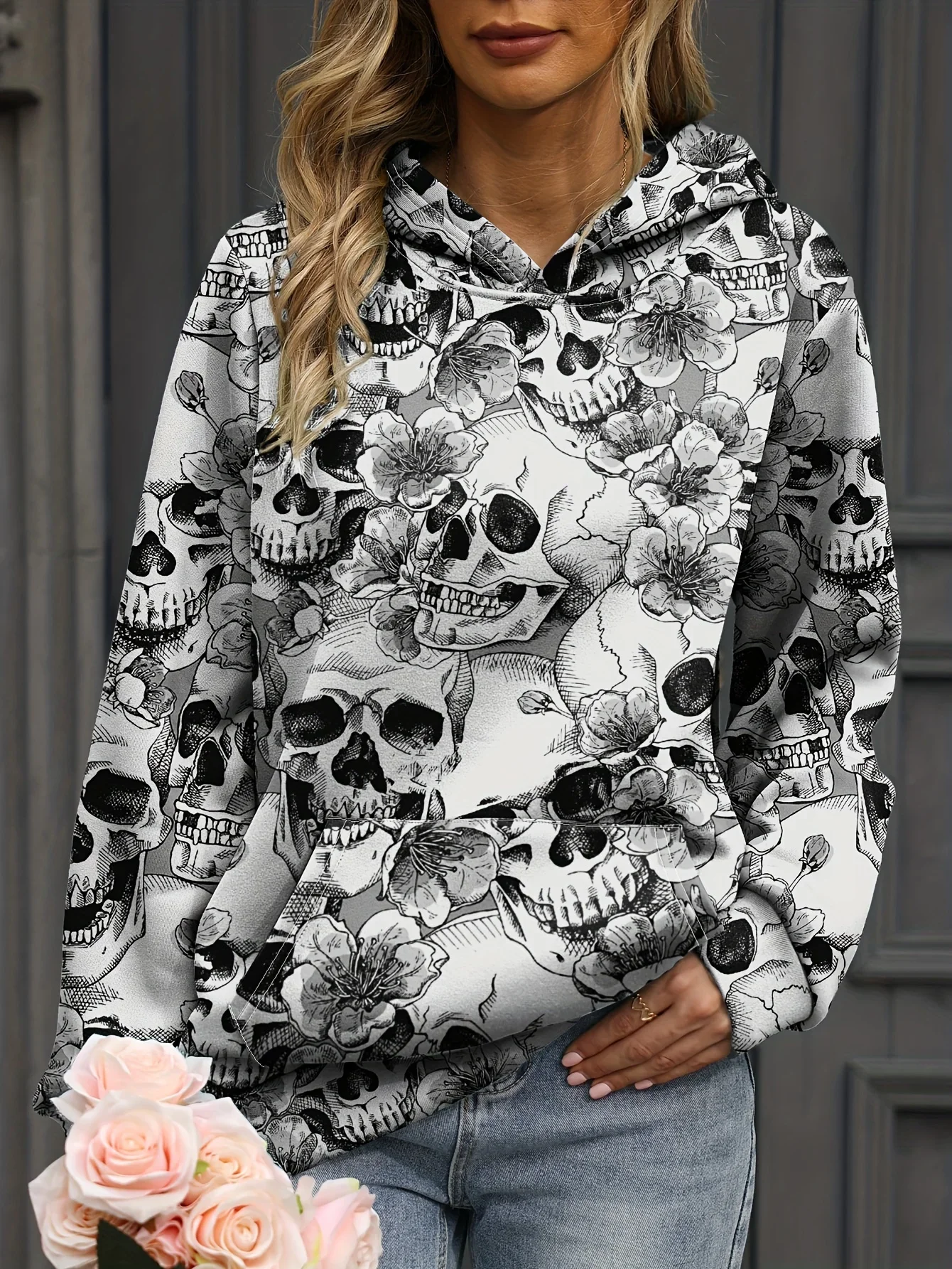 Autumn Floral Skull 3D Print Hoodies Women Fashion Casual Harajuku Sweatshirts Oversized Hood Pullover Female Tracksuit Clothing