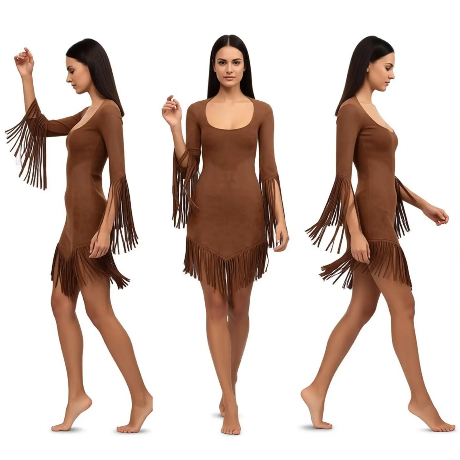

Women Halloween Native American Princess Cosplay Costume Cutout Retro Brocade Fringe Suede Dress for Theme Party Primitive Wear