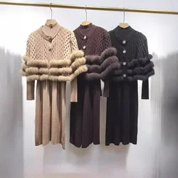 2024 New Women Autumn Real Fox Fur Two Pieces Long Sweater Coat Natural Fox Fur Spring Camel Long Knitted Female Luxury Coat