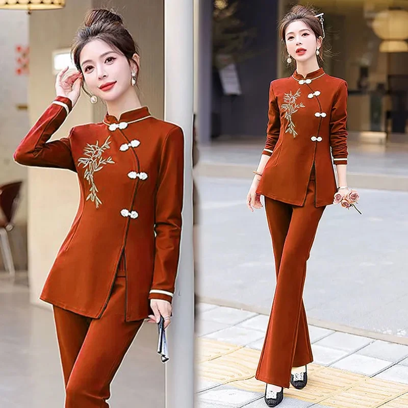 Chinese Style Suit Women's Summer Suits New Heavy Craft Embroidery 3/4 Sleeve Top Micro Flared Pants Temperament Two-Piece Set