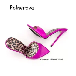 Satin Leopard Base Slippers Pointed Toe Thin High Heels Women's Shoes Summer Casual Sexy Slip On Party One Word Belt Slippers