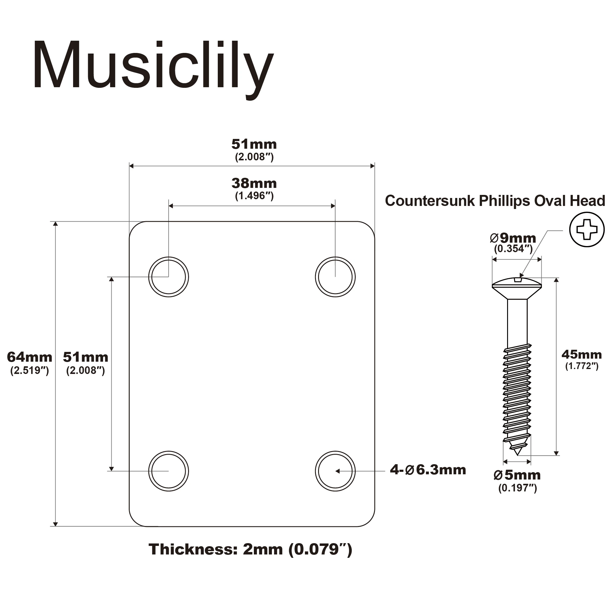 Musiclily Basic Steel Neck Mounting Plate for Fender Style Guitar or Bass