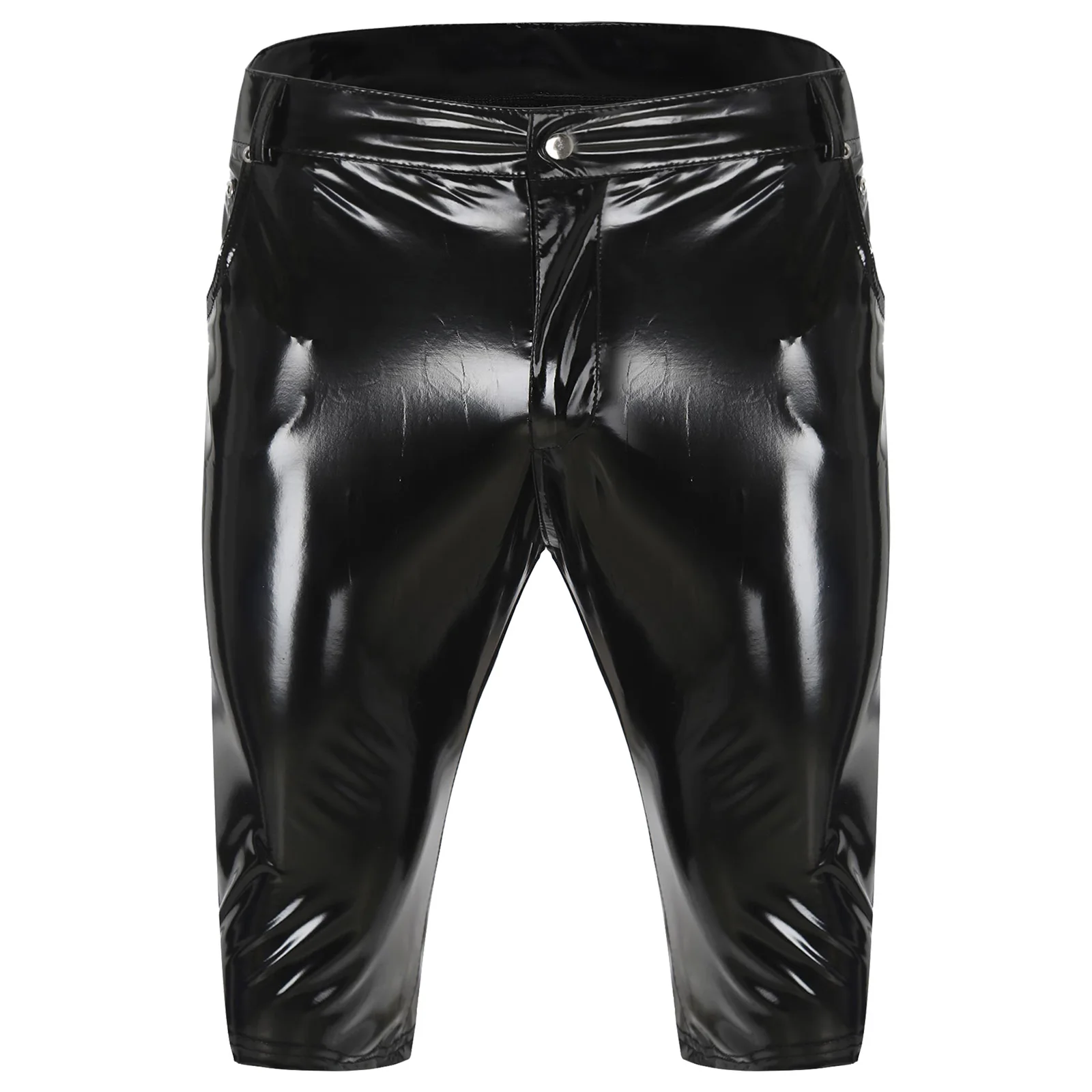 Shiny Oil Leather Shorts Men Punk Metallic PU Leather Shorts Rock Band Motorcycling Half Pants Shorts Bar Night Club Wear