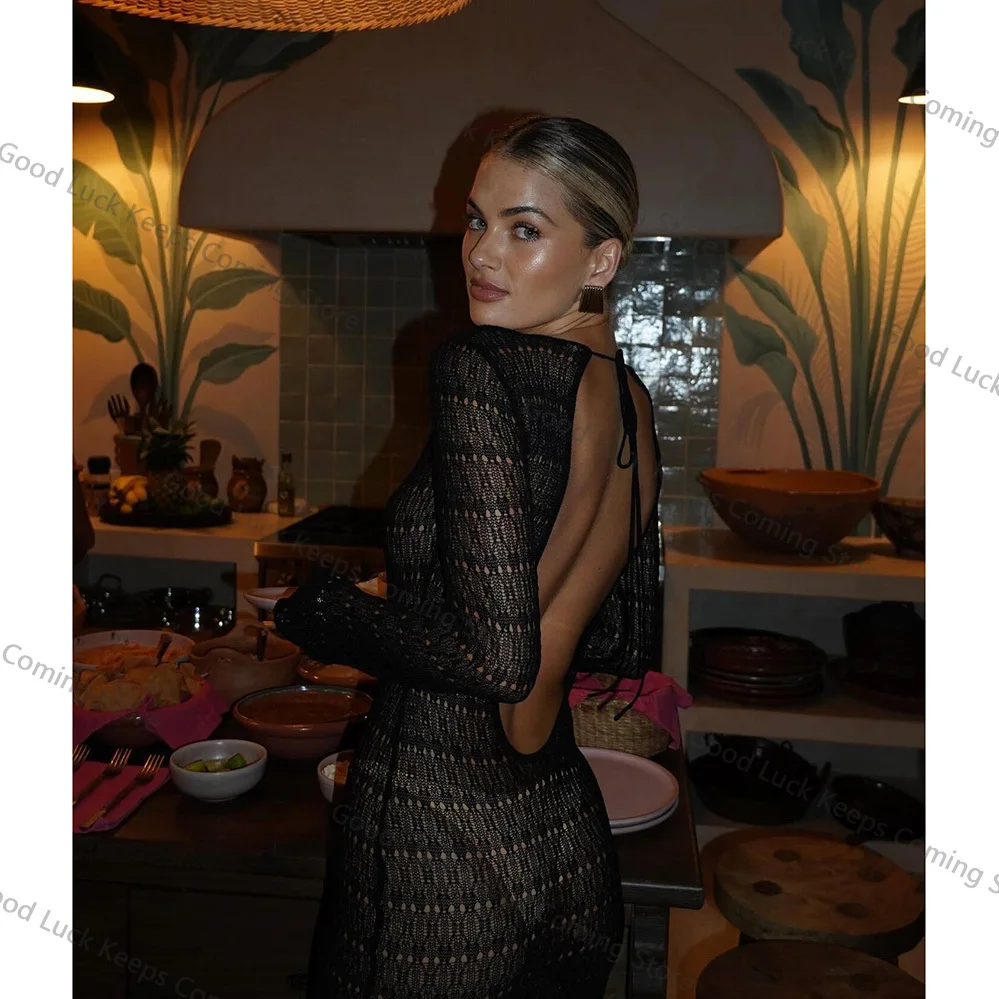 2025 Gebreide Jurk Backless Cover Up Voor Vrouwen 2025 Zomer Strand Jurk Hoge Split Bikini Cover-Up Hollow Out sexy Vakantie Jurk