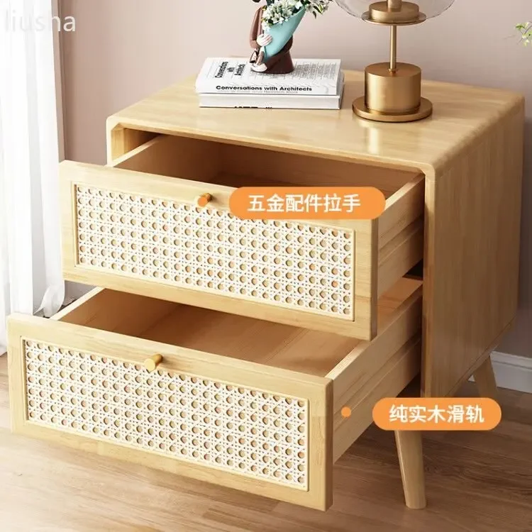 For Storage style small cabinet, rattan woven solid wood bedside table, simple cherry wood famous accommodation bedside