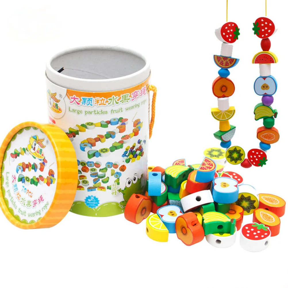 70 Stück Holzfrüchte zum Auffädeln von Perlen, Schnürspiel für Kleinkinder, Kinder, bunte Formensortierung, Stapeln, frühes Lernen, motorische Fähigkeiten