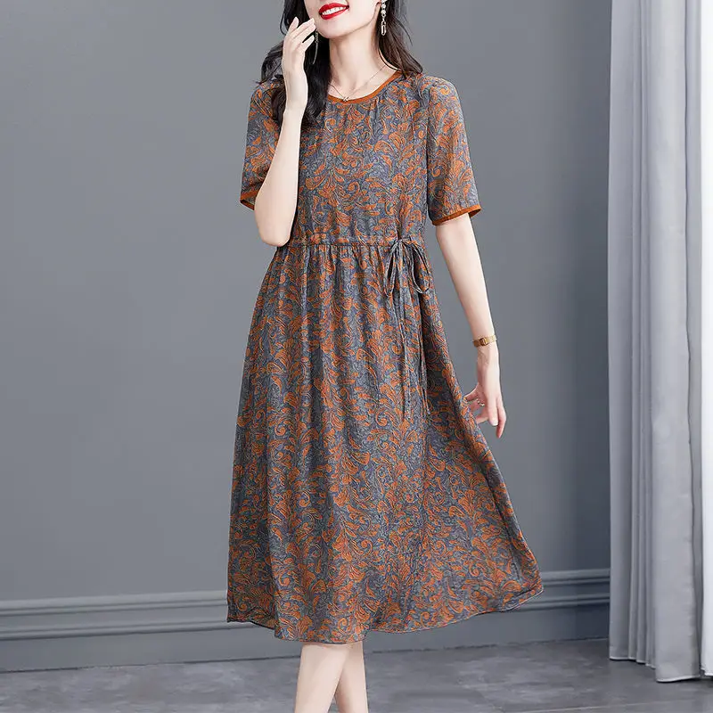 2023 New Summer Fashion Trend Art Retro Commuting Simple Round Neck Print Lace Up Waist Slim Holiday Relaxed Loose Fit Dress