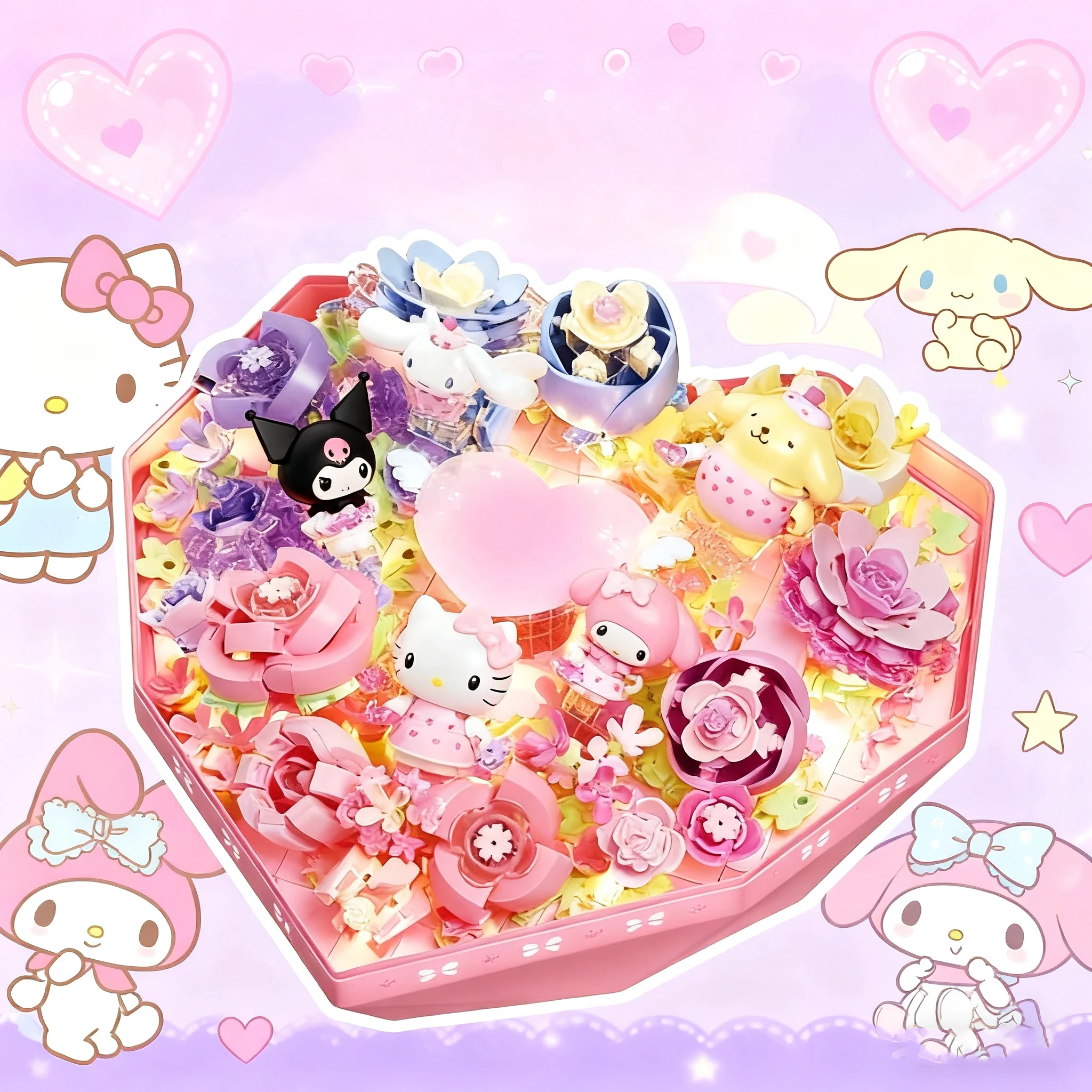 

Sanrio Preserved Flower Box Building Blocks Hello Kitty Kuromi Cute Character Model Bricks With Lights Adult Romantic Gifts Toys
