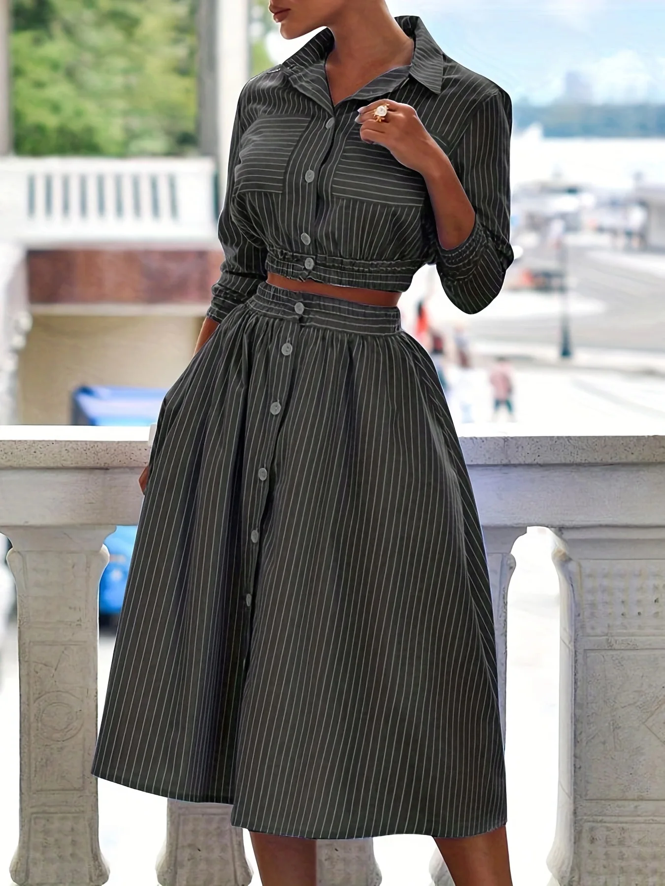 Women Shirt + Half Skirt Two-piece Set Autumn Sprint Crop Tops + Knee Length Skirts 2 Pieces Sets Suits Women 2 Piece Set